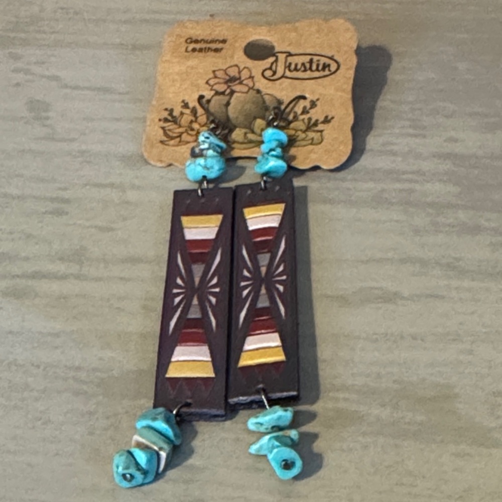 Justin Boots Turquoise and Brown Leather Earrings NWT
